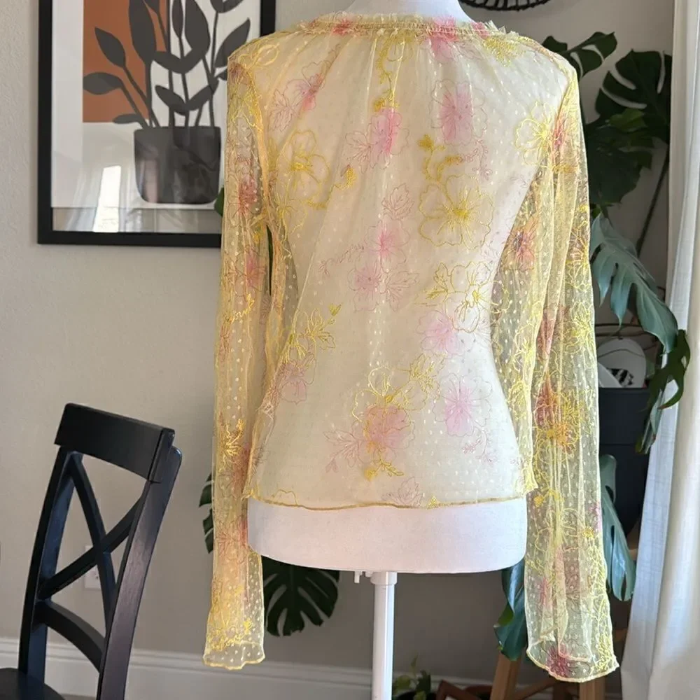 NWOT Free People Postcard from Paris Long Sleeve Lace Yellow Sheer M Embroidered